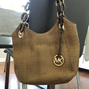 Michael Kors Straw Shoulder Bag with Python Trim